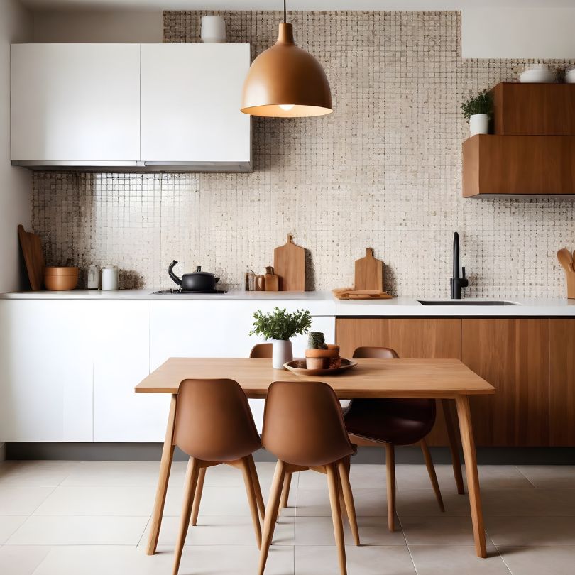 Modern kitchen with wooden table