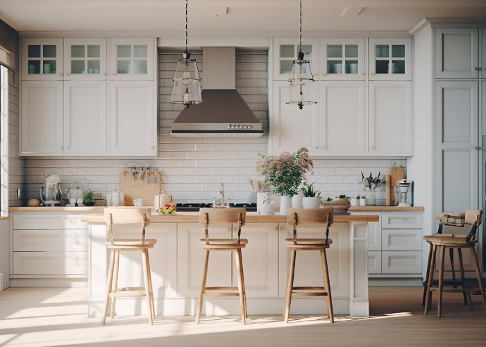 Modern kitchen with wooden stools